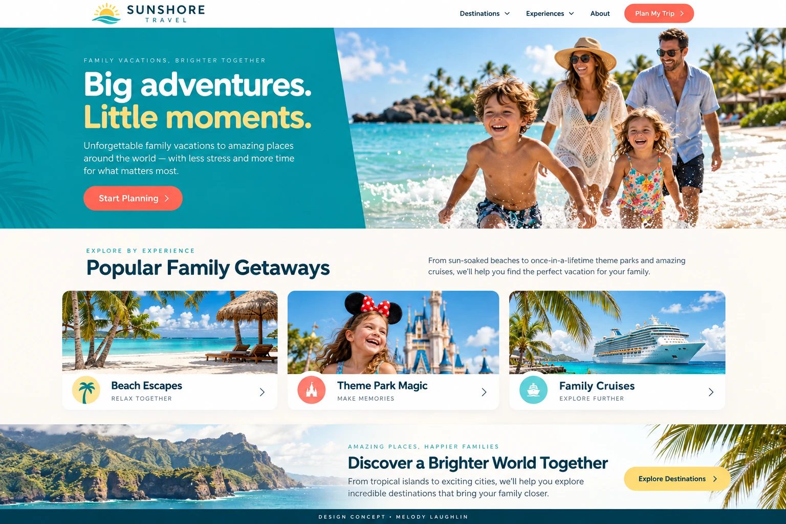 Sunshore Travel sample homepage design for family vacations