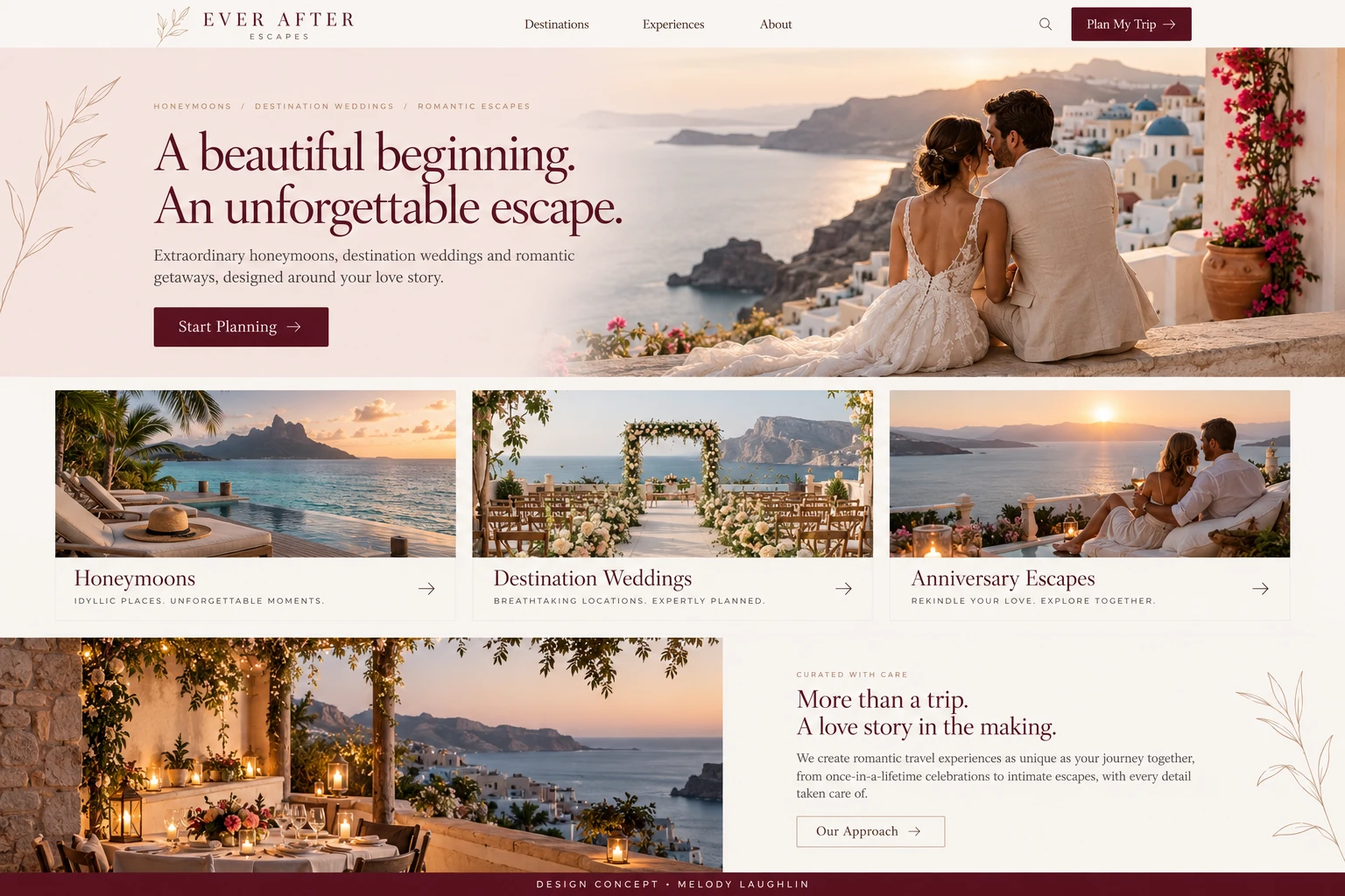 Ever After Escapes sample homepage design for weddings & honeymoons