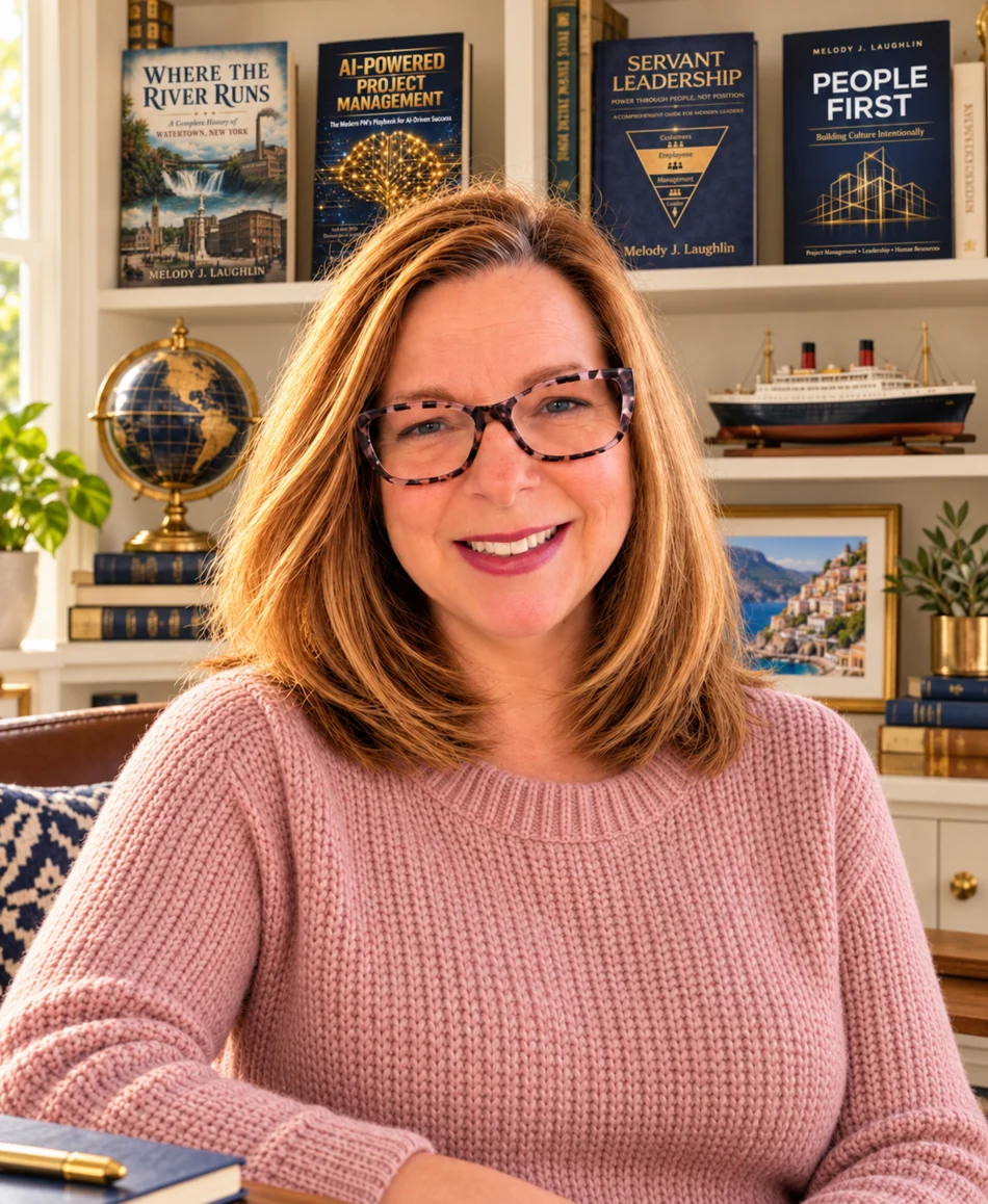 Melody Laughlin in a blush sweater in a home office with her books, a globe, and travel keepsakes